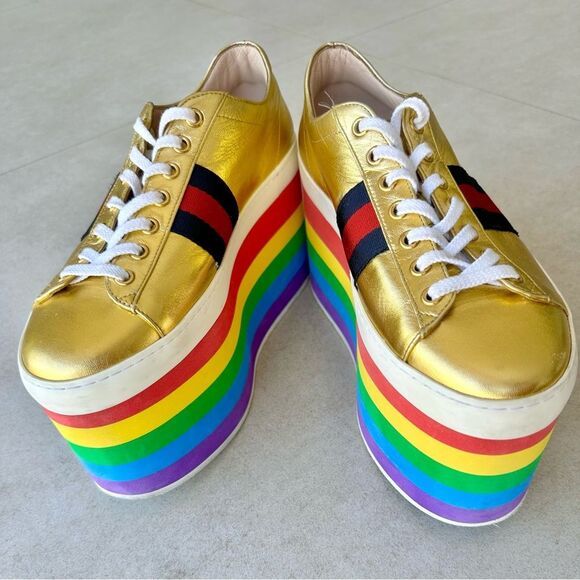 Gucci Peggy Rainbow Platform Sneakers EU 38 US 8 Gold Lace Up Slatform Shoes - Picture 14 of 16